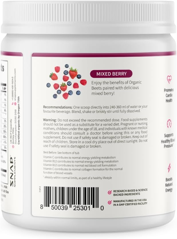 Snap Supplements Organic Beet Root Powder - 30 Servings for Energy Heart Health