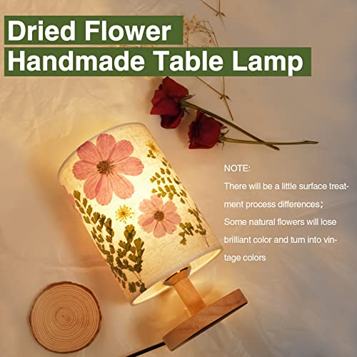 Dried Flowers Table Lamp with Wood Base and Linen Shade