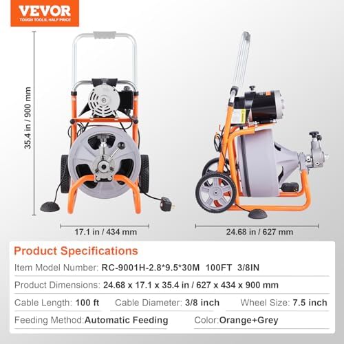 VEVOR 100FT Electric Pipe Cleaning Machine with 38 Steel Cable