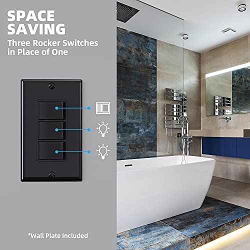 ELEGRP Triple Rocker Light Switch 15A 120V Glossy Black