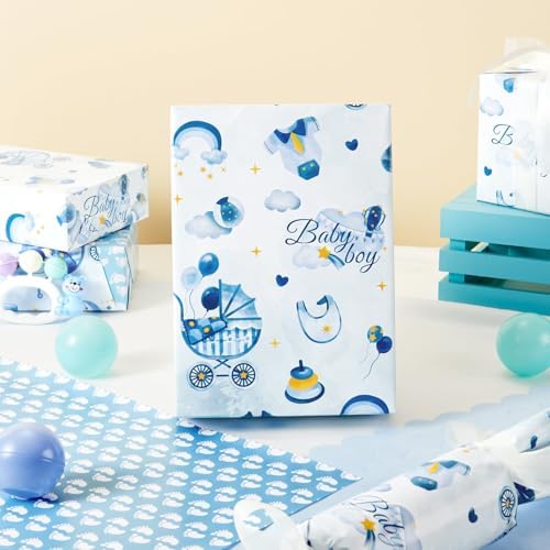 WERNNSAI Baby Boy Wrapping Paper Roll - 17x33ft Blue Elephant Design 1