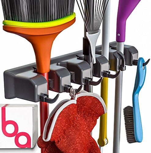 Berry Ave Broom Holder Wall Mount Organizer - 5 Slots 6 Hooks Black
