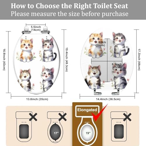 Elongated Toilet Seat with Cute Cat Watercolor Design