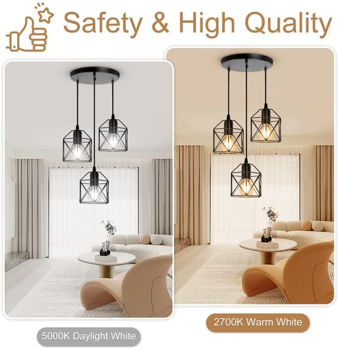 CANMEIJIA 3-Light Pendant Light Fixtures Black Metal Cage Industrial Style