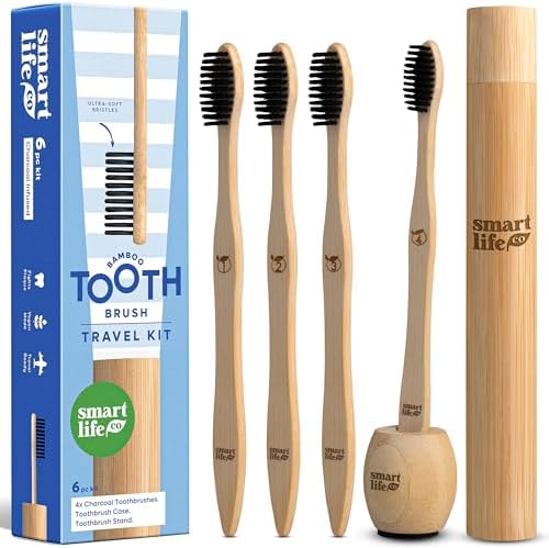 SmartLifeco Bamboo Charcoal Toothbrushes 4-Pack with Case Stand