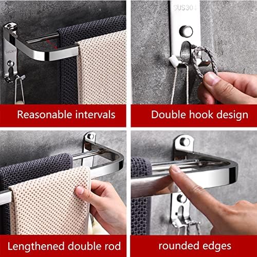 Stainless Steel Double Towel Rail with Hooks for Bathroom and Kitchen