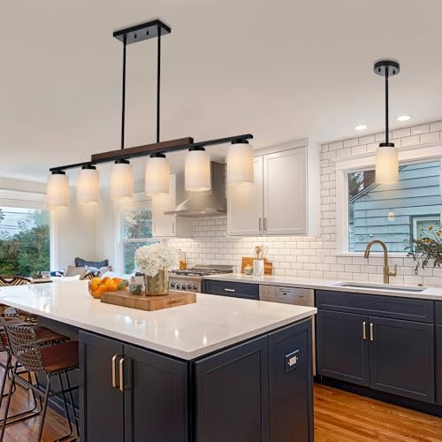 6-Lights Farmhouse Chandelier with Opal Glass and Wood Frame
