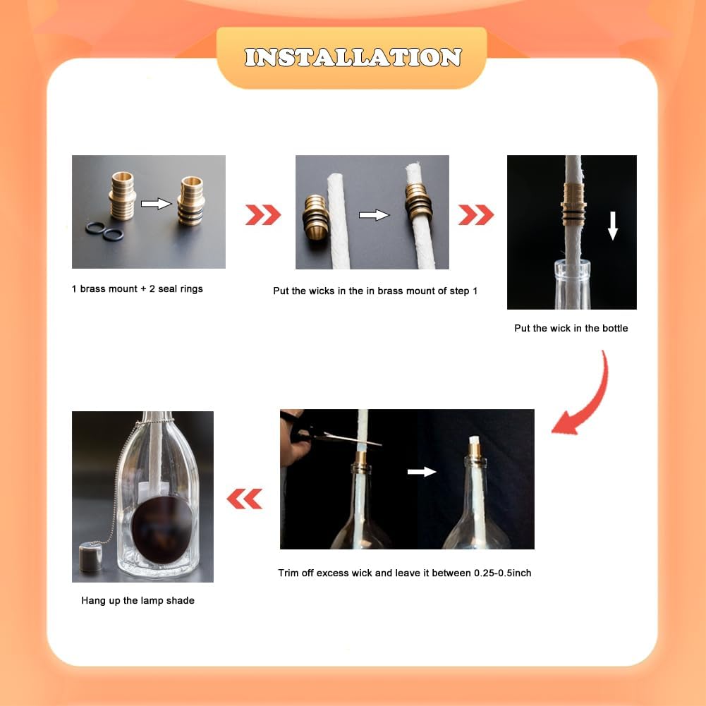 OEXEO 6PCS Wine Bottle Torch Wicks with Lamp Covers and Brass Mounts