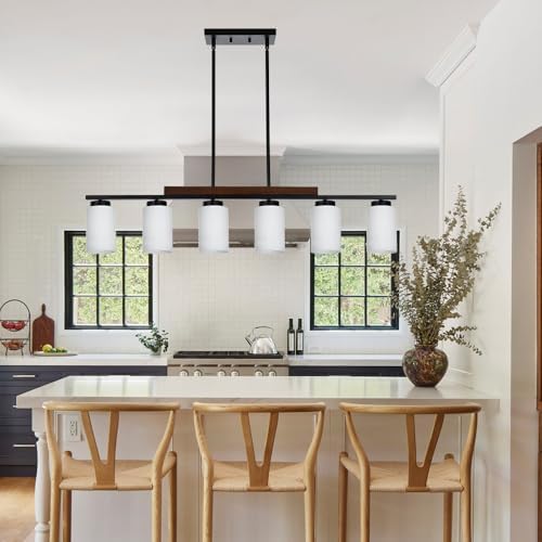 6-Lights Farmhouse Chandelier with Opal Glass and Wood Frame