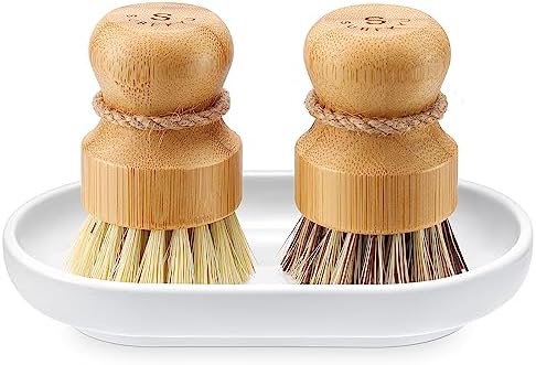 SUBEKYU Bamboo Dish Scrub Brush Set with Tray 2 Pieces