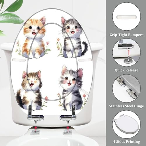 Elongated Toilet Seat with Cute Cat Watercolor Design
