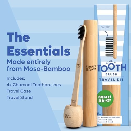 SmartLifeco Bamboo Charcoal Toothbrushes 4-Pack with Case Stand