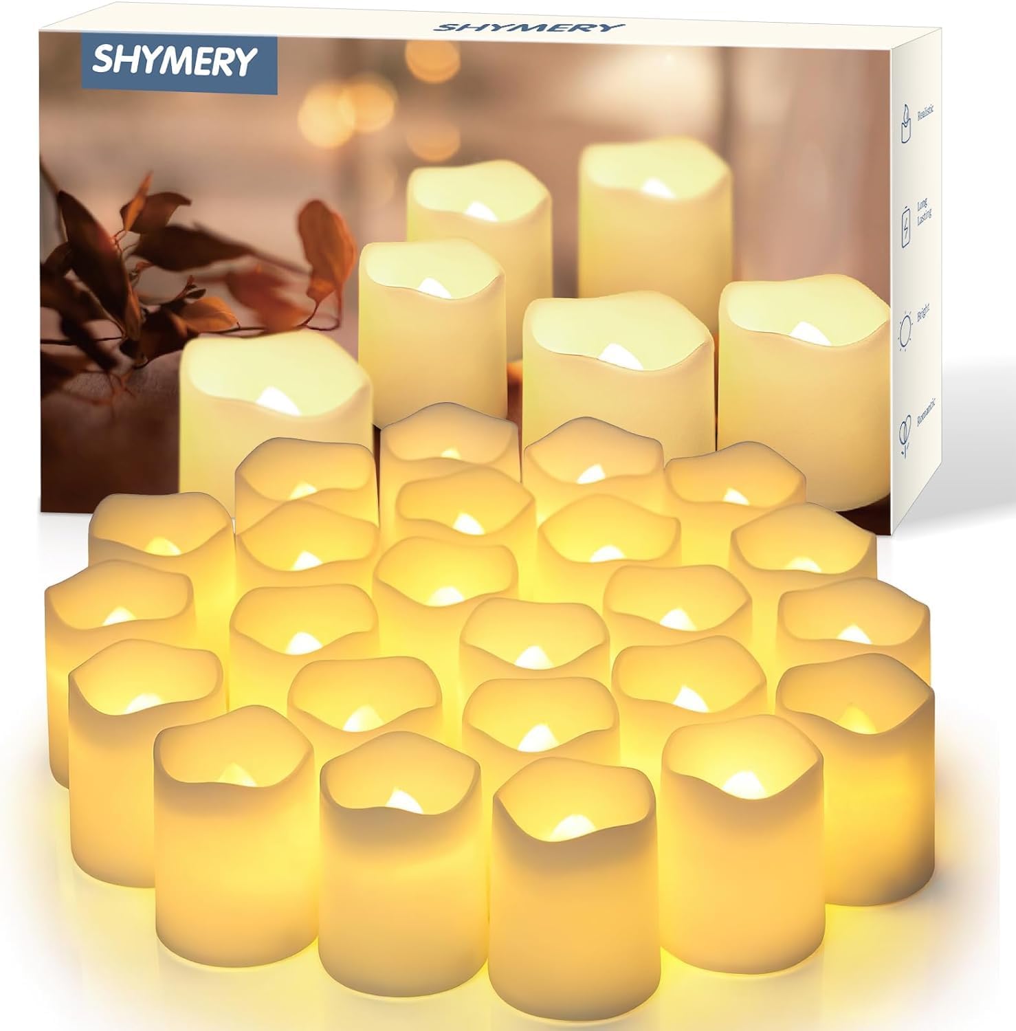 SHYMERY 24 Pack Flameless Votive Candles 200 Hour LED Tea Lights Warm White