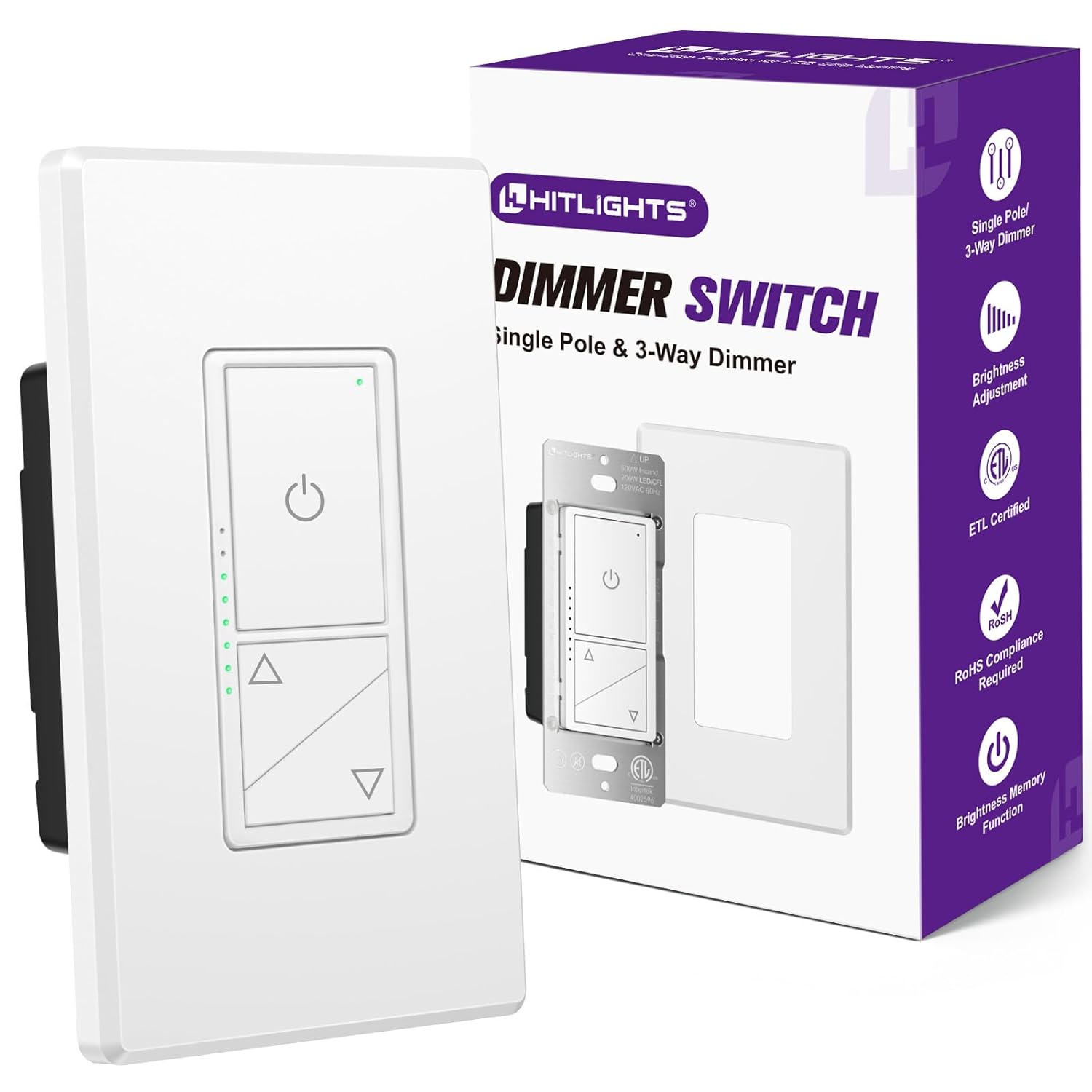 HitLights Dimmer Switch 120V Universal 3-Way Wall Plate Included
