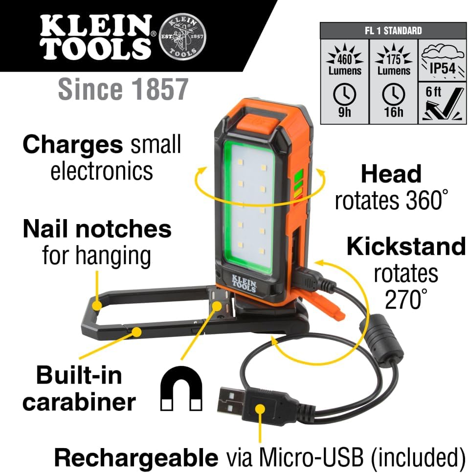 Klein Tools 56403 Rechargeable LED Work Light with Kickstand and Carabiner