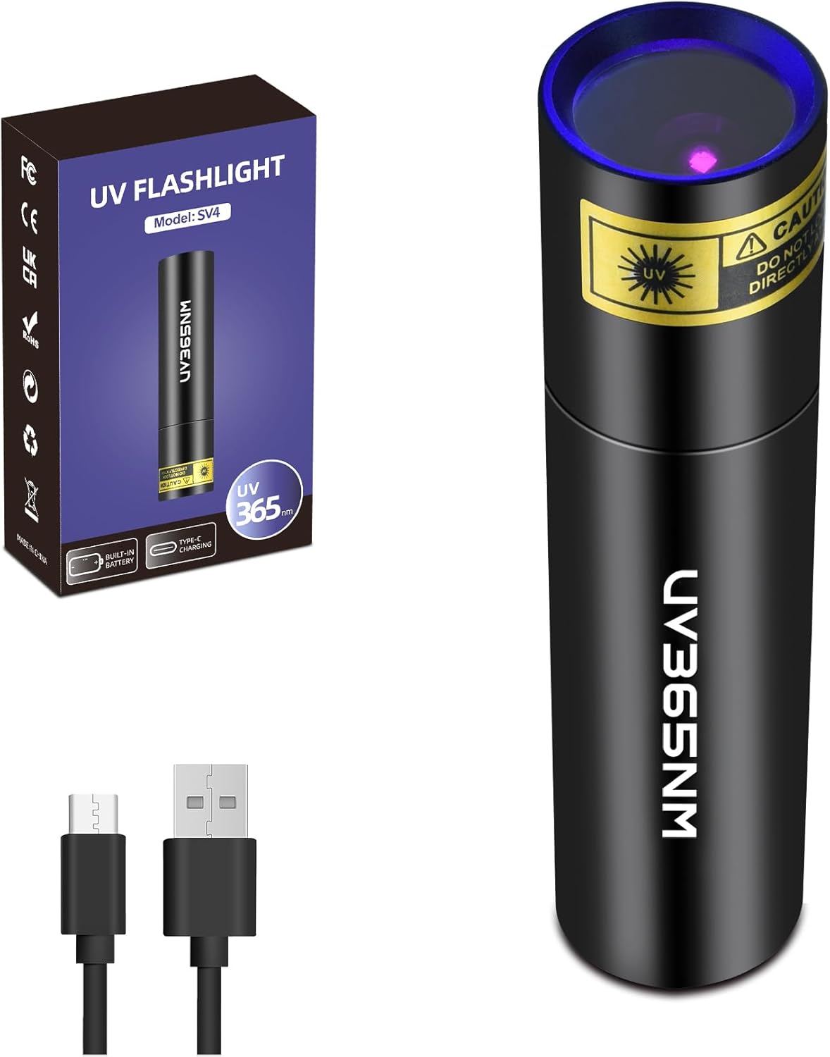 UV Flashlight 365nm Black Light for Pet Urine Detection USB Rechargeable