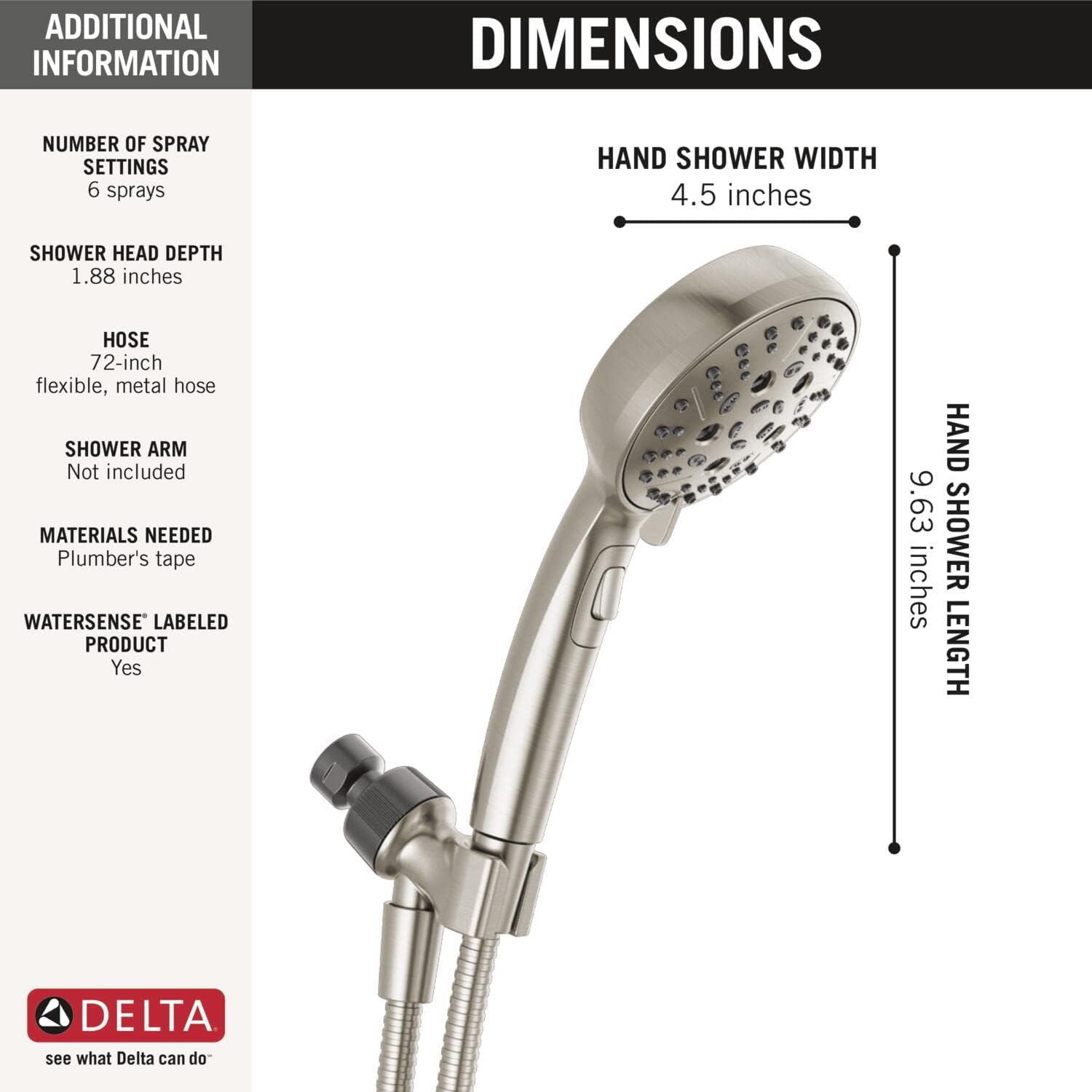 Delta H2Okinetic 6-Spray Handheld Shower Head with Hose Brushed Nickel