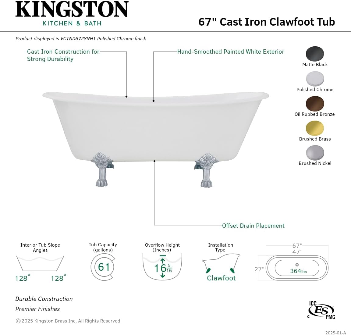 Kingston Brass VCTND6728NH0 67-Inch Cast Iron Clawfoot Tub