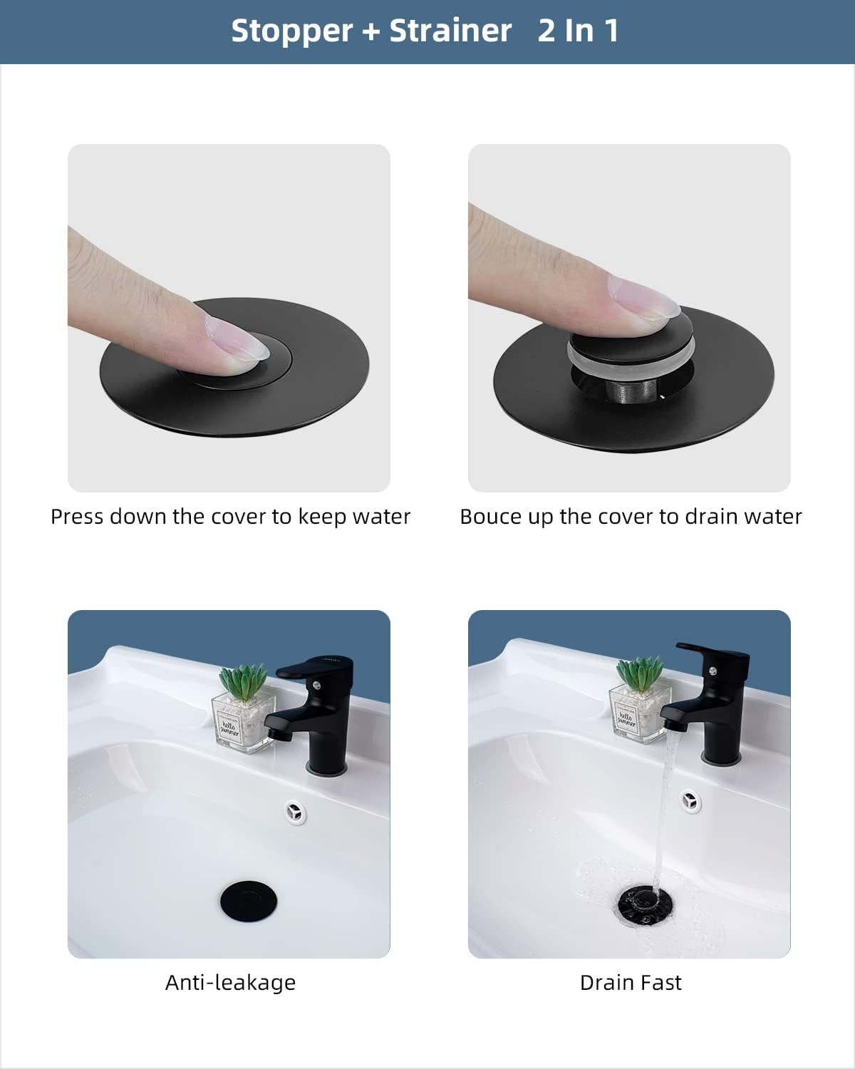 Hibbent All Metal Bathroom Sink Stopper with Matte Black Finish 1