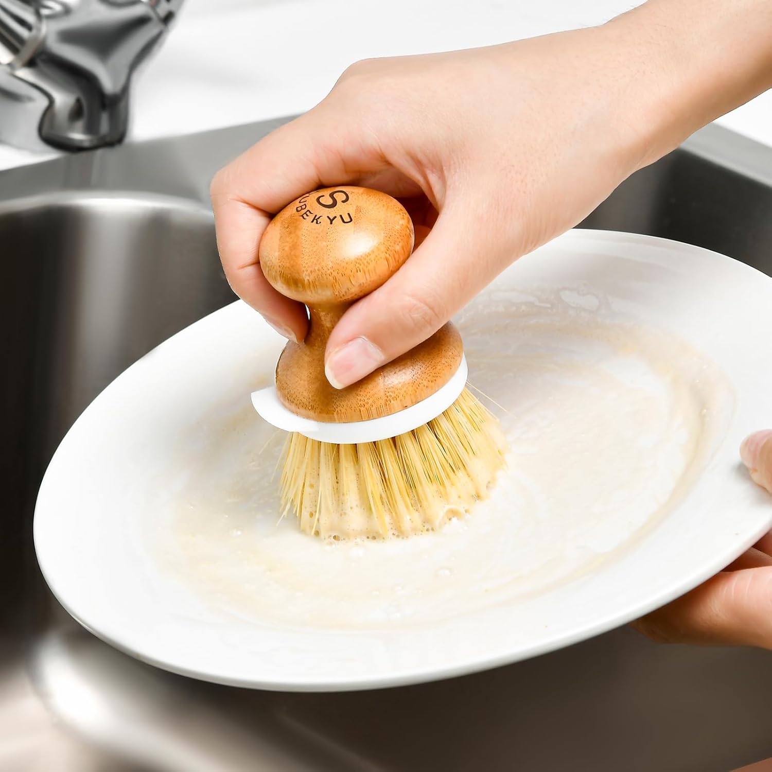 SUBEKYU Bamboo Dish Brush with Soap Dispenser and Built-in Scraper