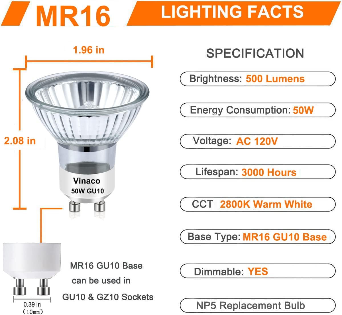 Vinaco GU10 Halogen Bulb 6 Pack Dimmable Warm White 2800K