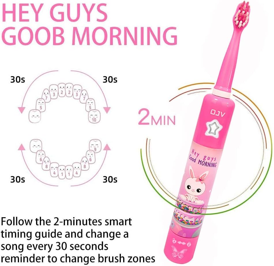 OJV Musical Electric Toothbrush for Kids 3 Modes 2 Min Timer Pink