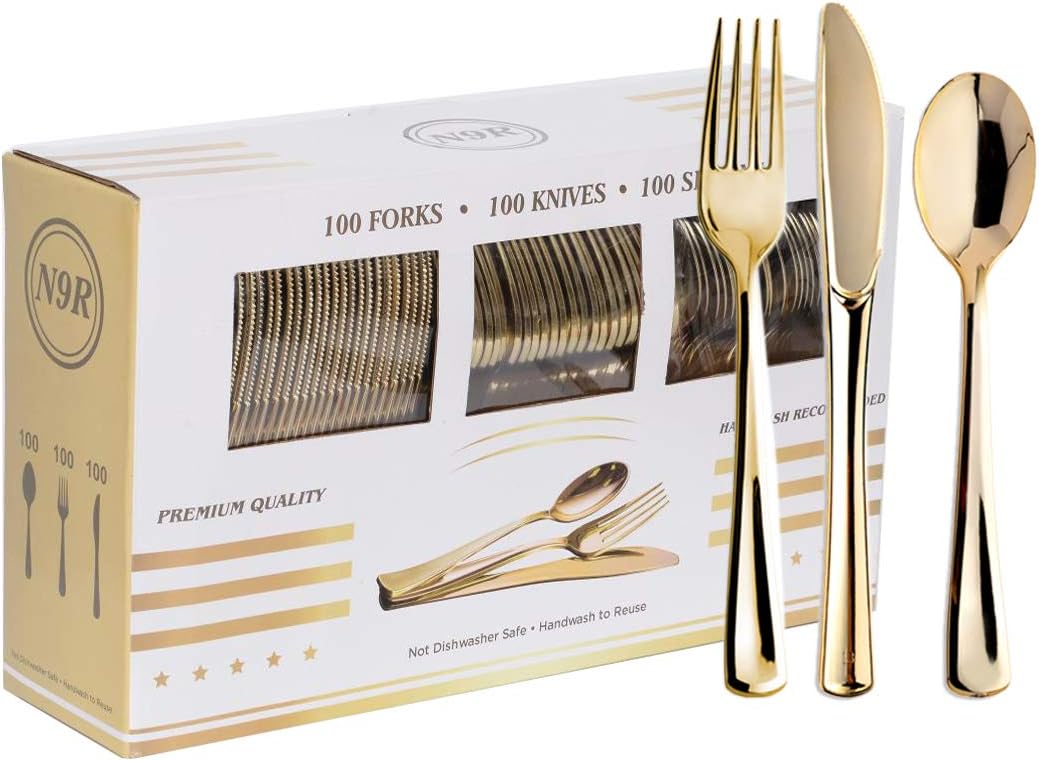 N9R 300PCS Gold Plastic Cutlery Set