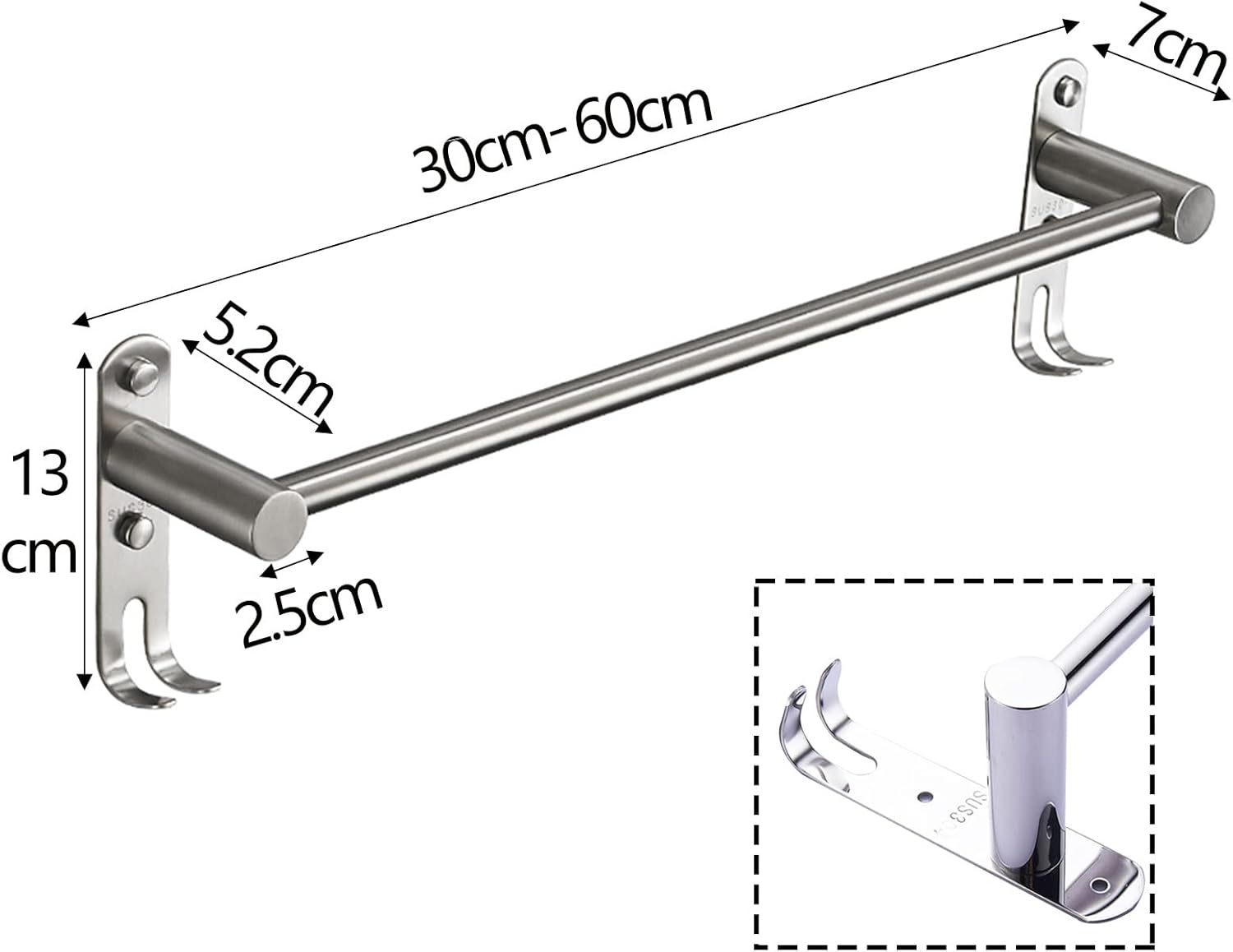 Stainless Steel Towel Rail with 2 Hooks for Bathroom and Kitchen
