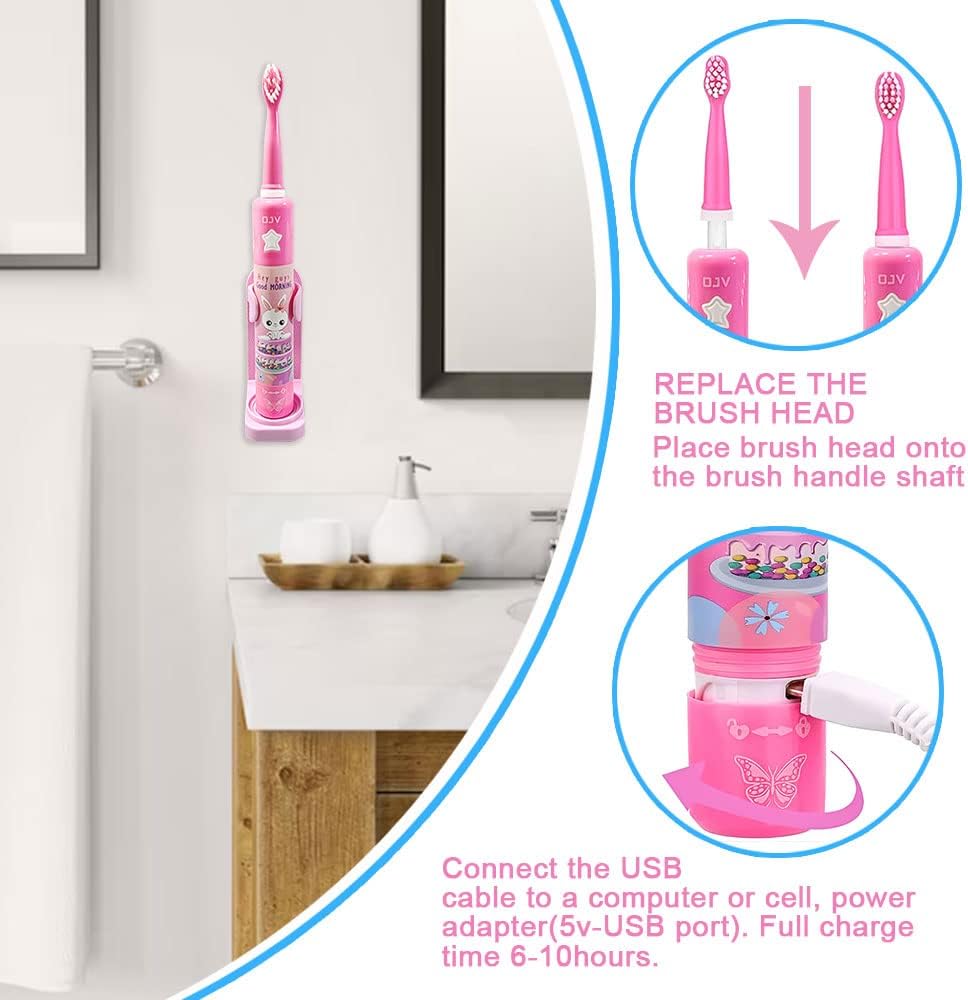 OJV Musical Electric Toothbrush for Kids 3 Modes 2 Min Timer Pink
