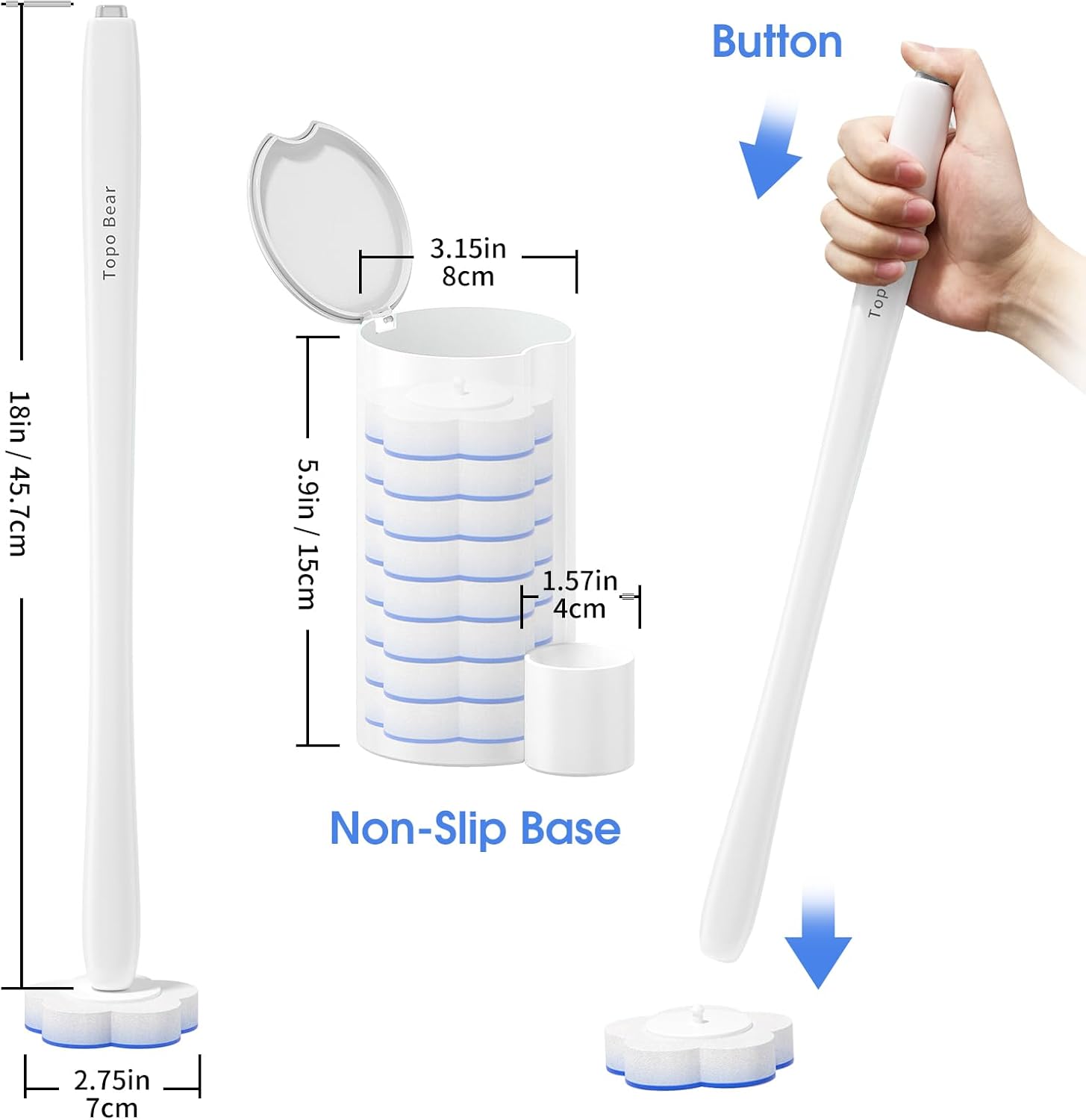 Topo Bear Toilet Brush Kit with 40 Refills and 18in Handle