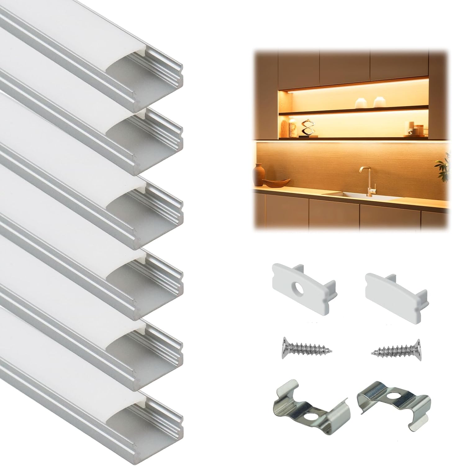 Muzata 6Pack LED Channel U Shape Silver Diffuser with Milky White Cover