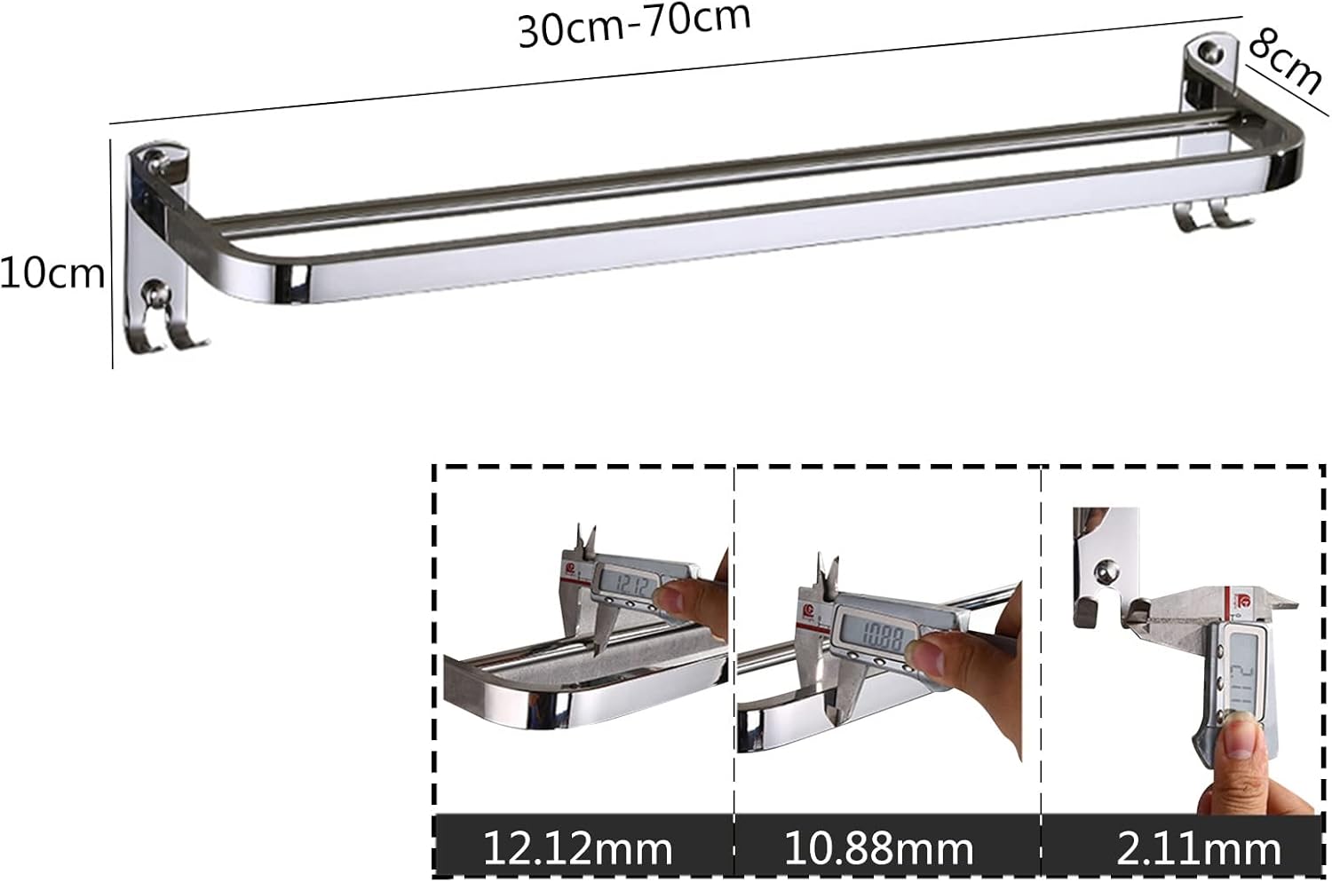 Stainless Steel Double Towel Rail with Hooks for Bathroom and Kitchen