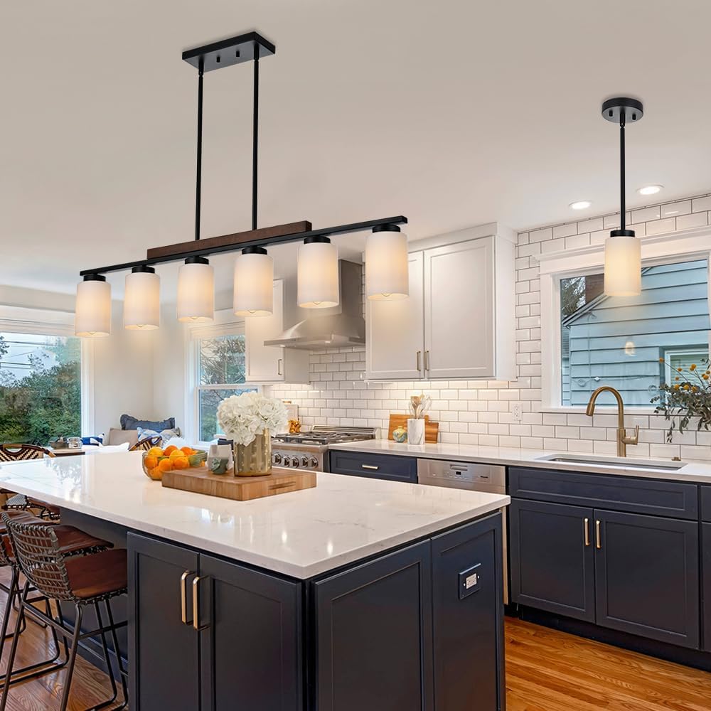 6-Lights Farmhouse Chandelier with Opal Glass and Wood Frame
