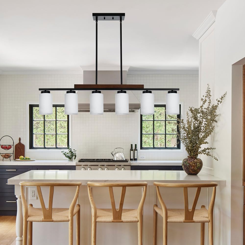 6-Lights Farmhouse Chandelier with Opal Glass and Wood Frame