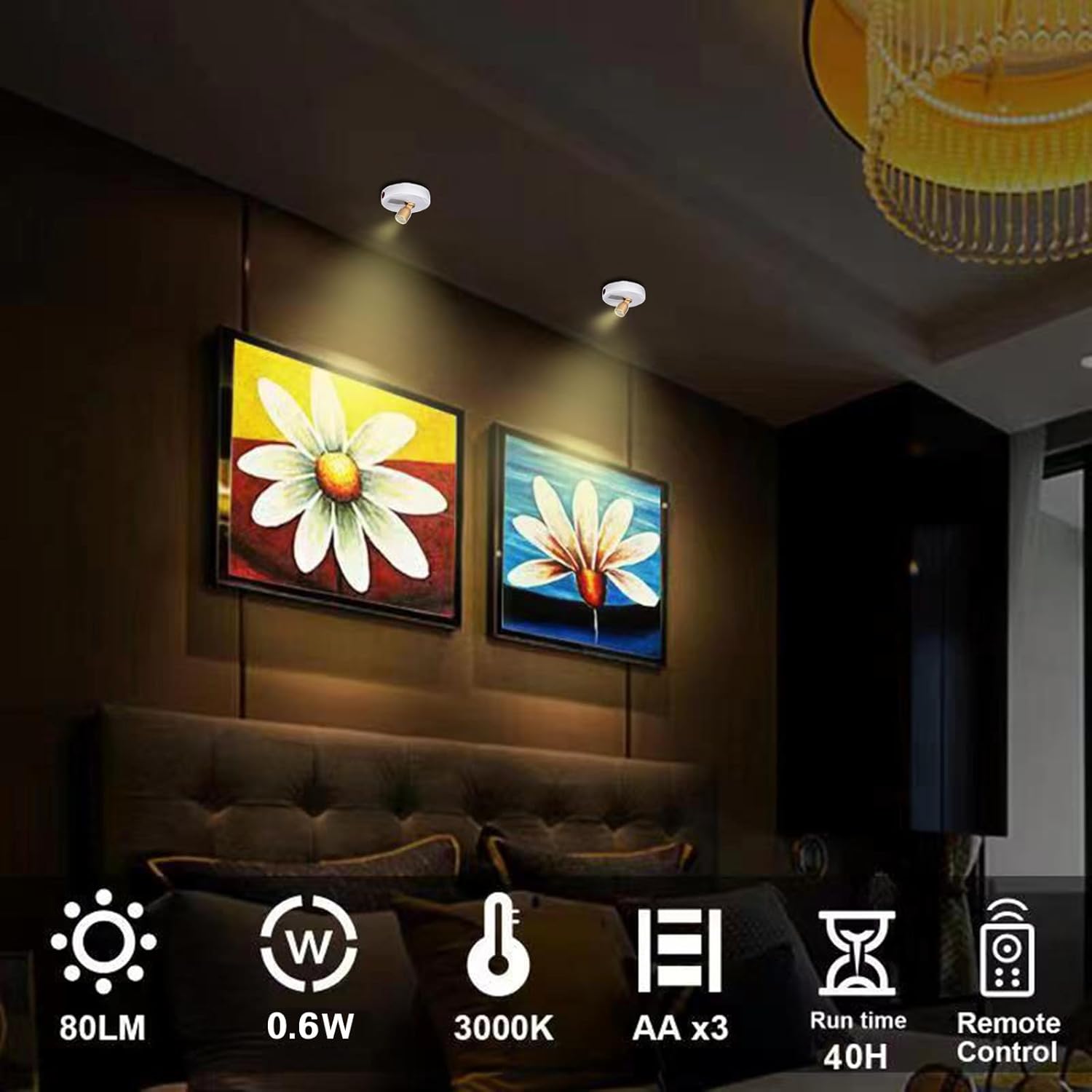 Remote Control Battery Spotlights - 2pcs LED Puck Lights with 360 Rotation
