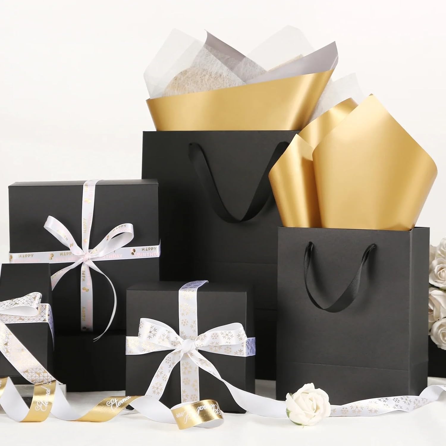 OCCOKO Black Premium Gift Bags 7x4x9 Inches With Handles