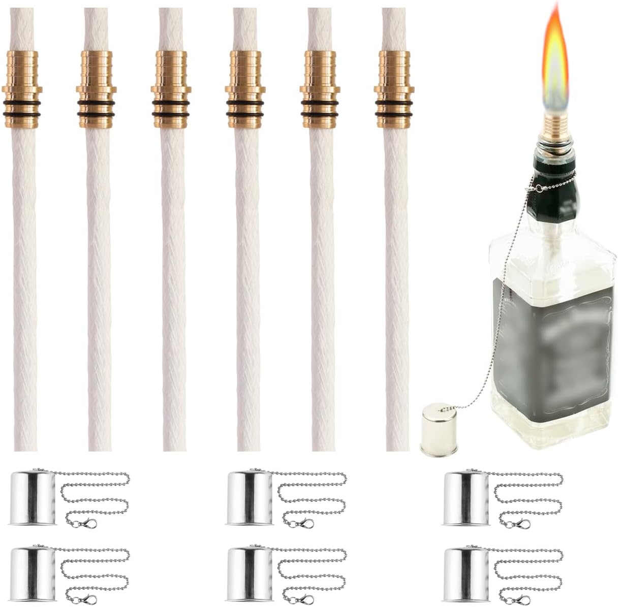 OEXEO 6PCS Wine Bottle Torch Wicks with Lamp Covers and Brass Mounts