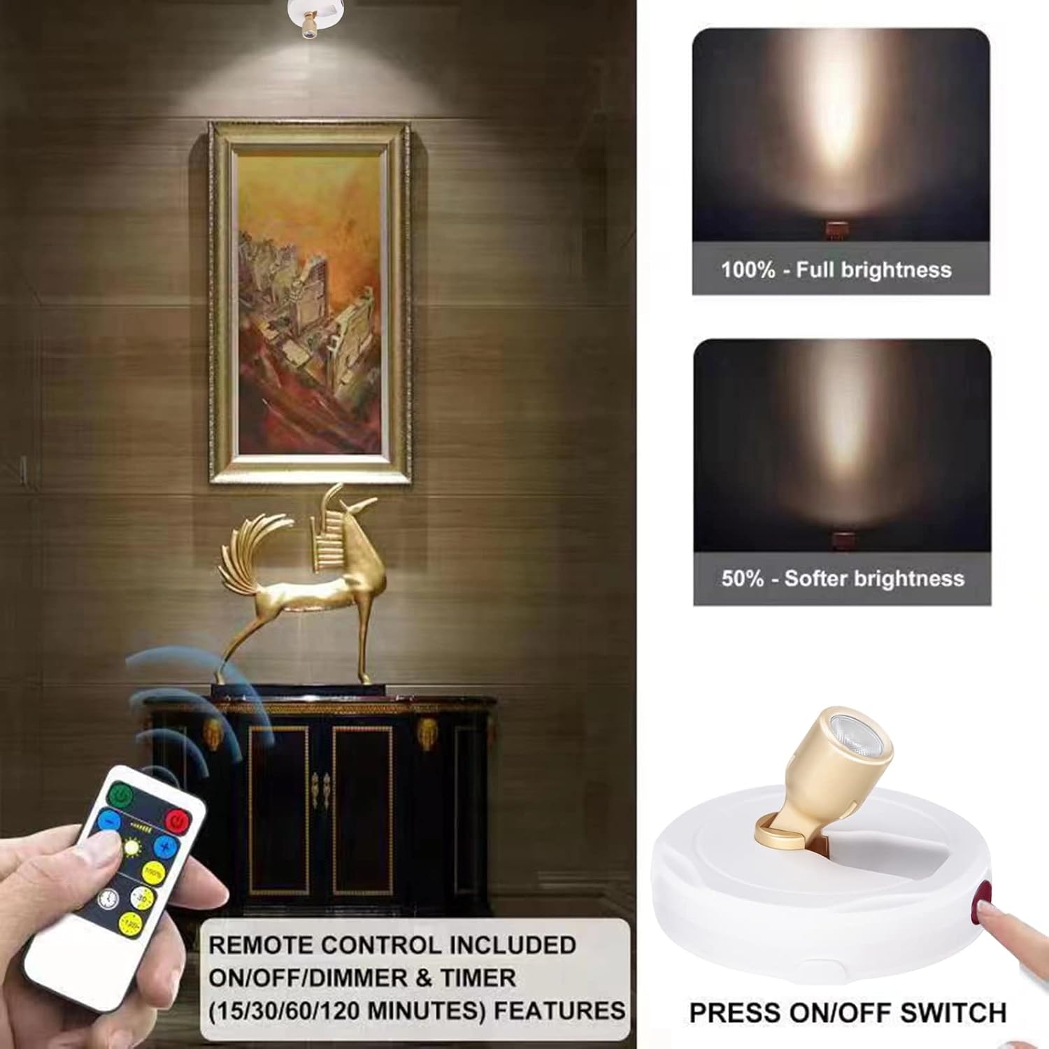 Remote Control Battery Spotlights - 2pcs LED Puck Lights with 360 Rotation