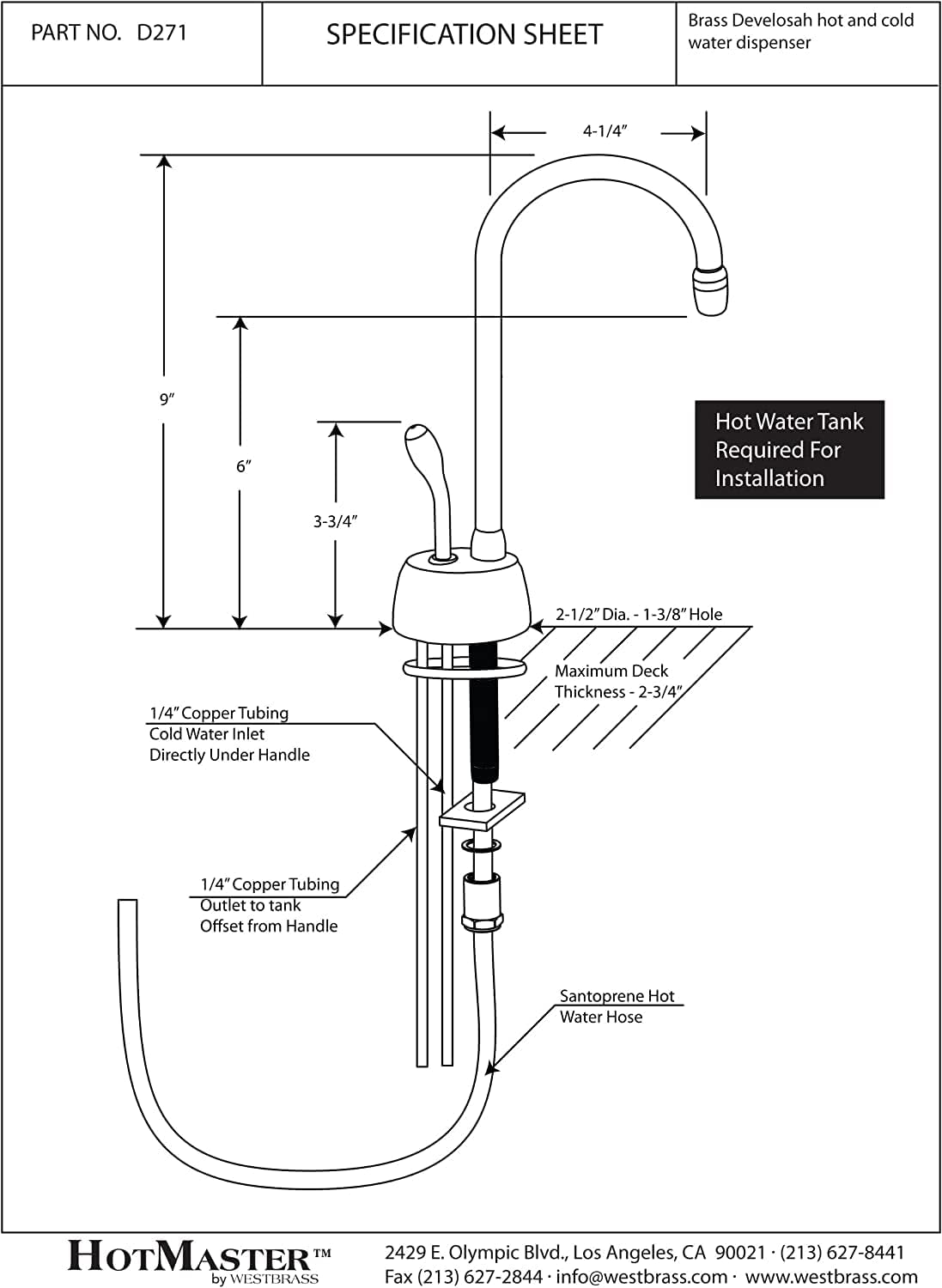 Westbrass Velosah 9 Hot Water Dispenser Faucet Tank Sold Separately