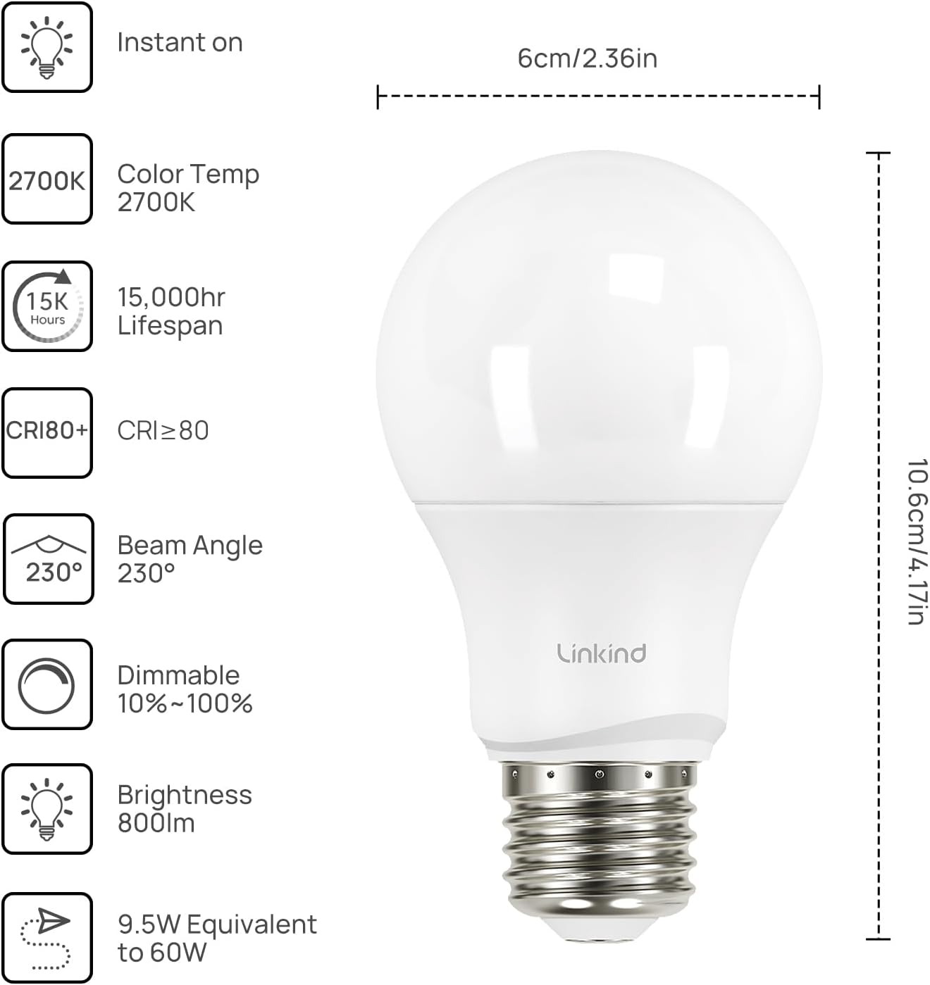 Linkind A19 LED Bulbs 60W Equivalent 6-Pack