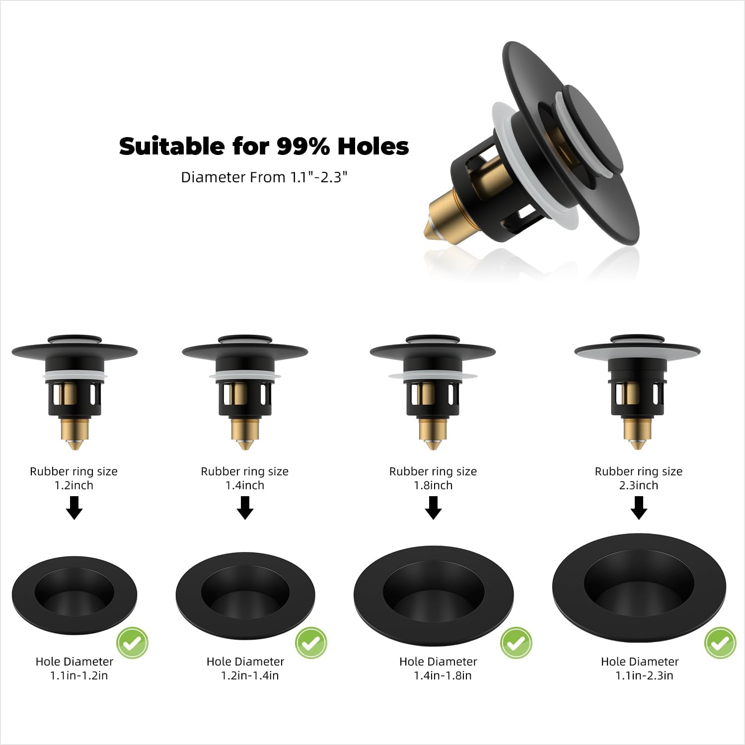 Hibbent All Metal Bathroom Sink Stopper with Matte Black Finish 1