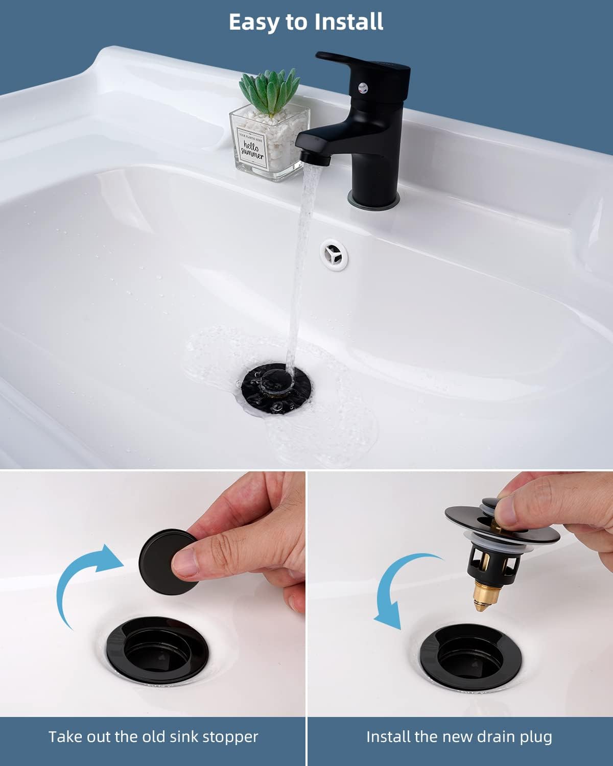 Hibbent All Metal Bathroom Sink Stopper with Matte Black Finish 1