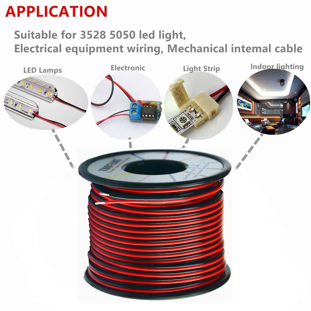22AWG LED Wire 100ft Red Black 12V 24V DC Extension Cable
