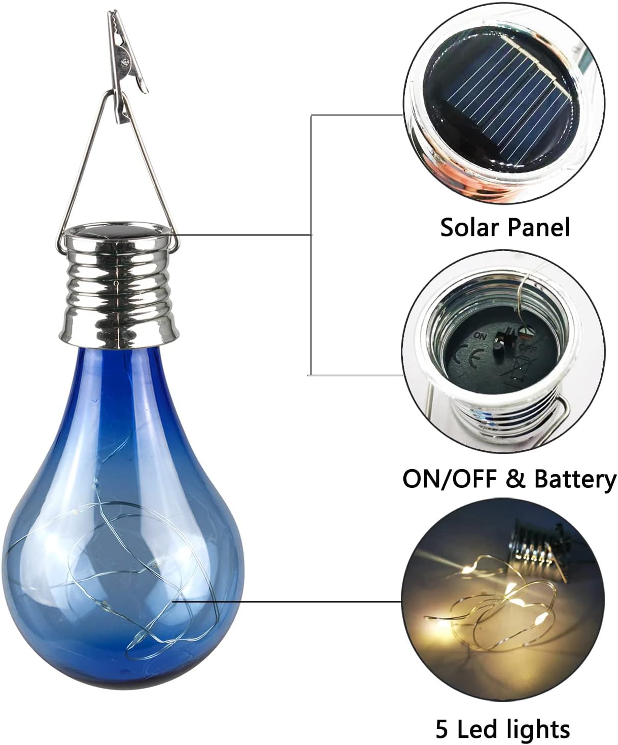 Pearlstar Solar Light Bulbs 6 Pack Outdoor Waterproof Hanging LED