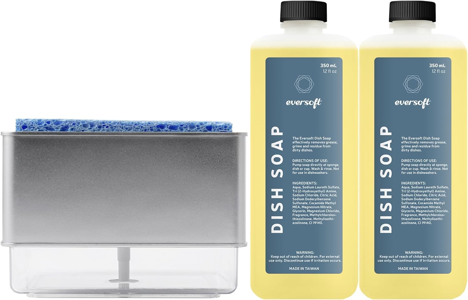 EZPULL Countertop Dish Soap Dispenser with Sponge Holder 2 Refill Bundle