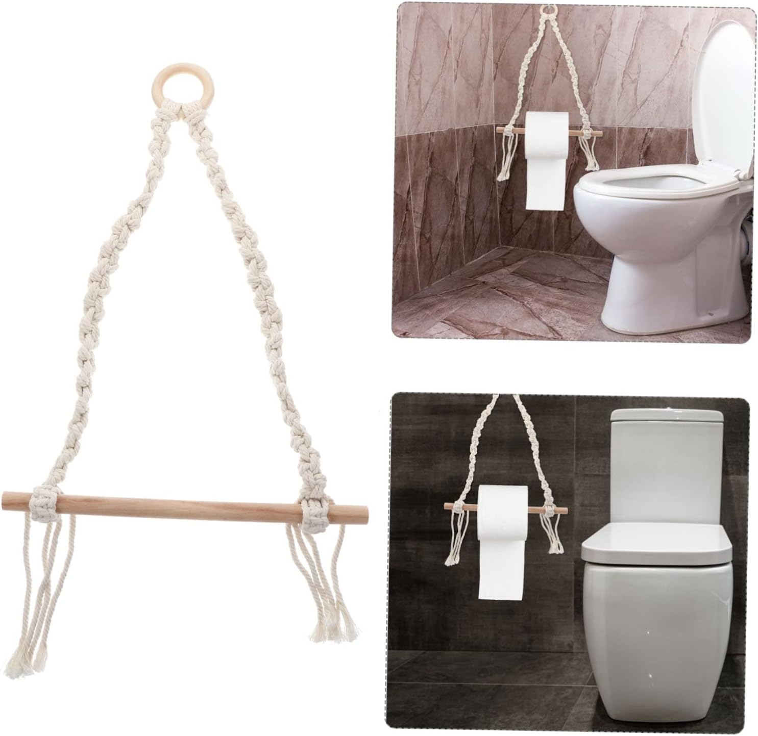 DOITOOL Wooden Toilet Paper Holder with Rope Design