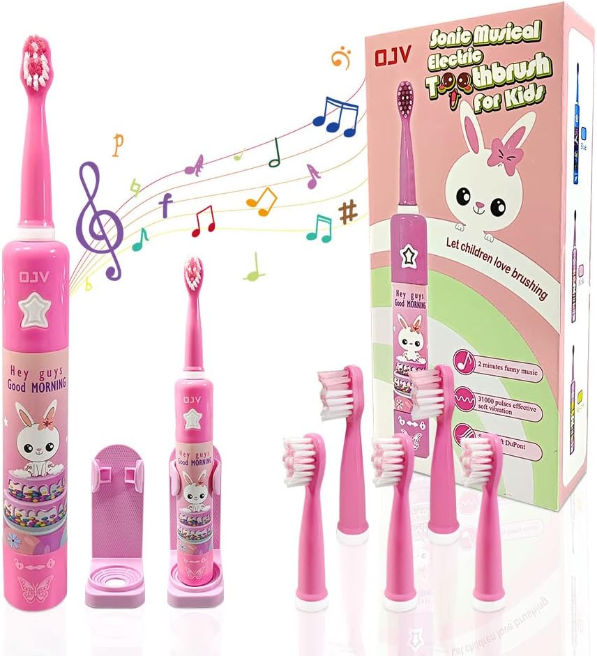 OJV Musical Electric Toothbrush for Kids 3 Modes 2 Min Timer Pink