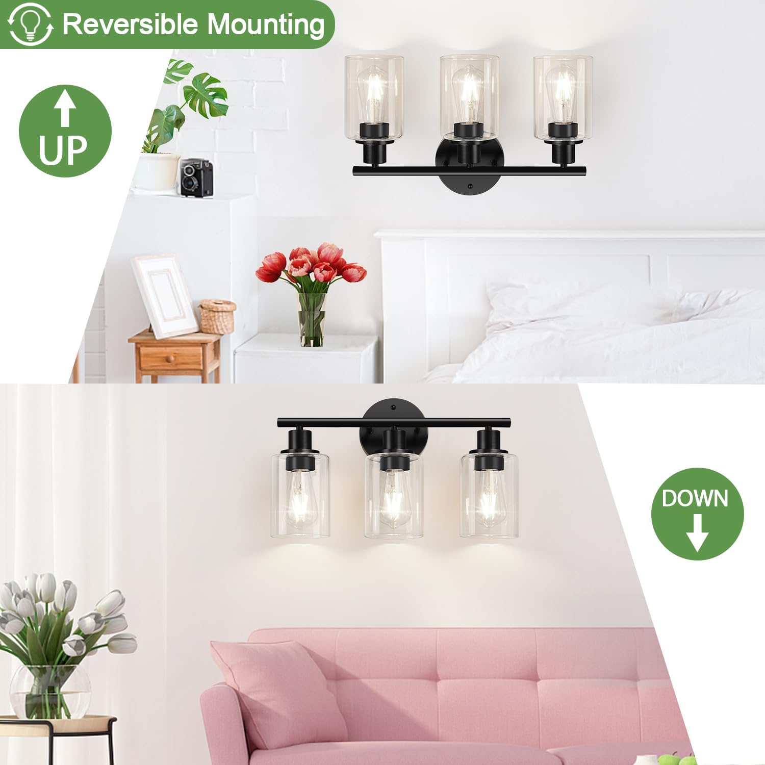 Zarbitta 3-Light Black Wall Lamp with Clear Glass Shades