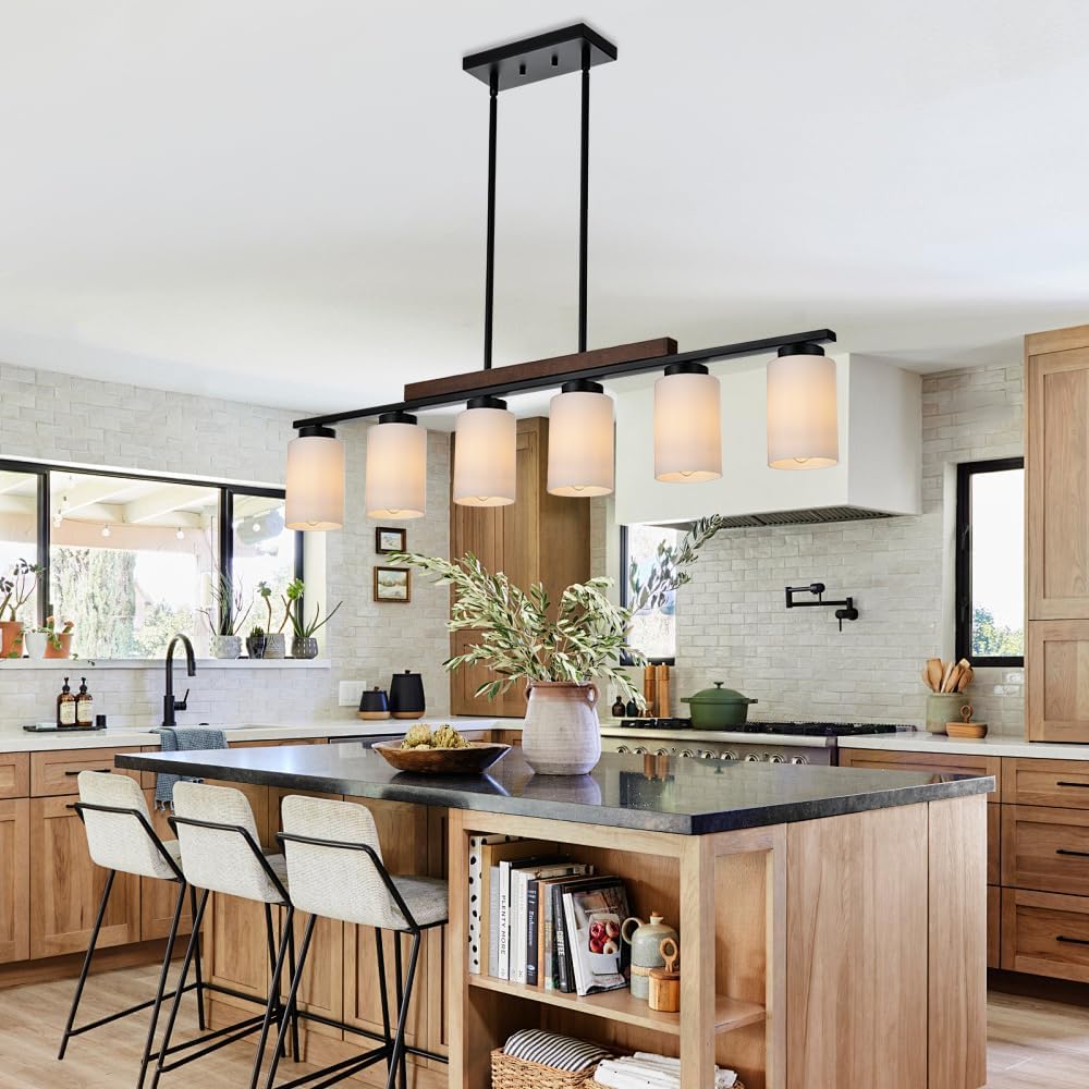 6-Lights Farmhouse Chandelier with Opal Glass and Wood Frame