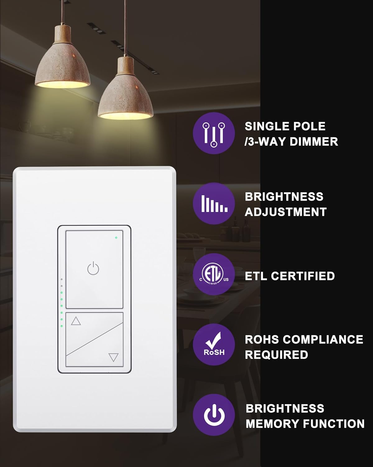 HitLights Dimmer Switch 120V Universal 3-Way Wall Plate Included